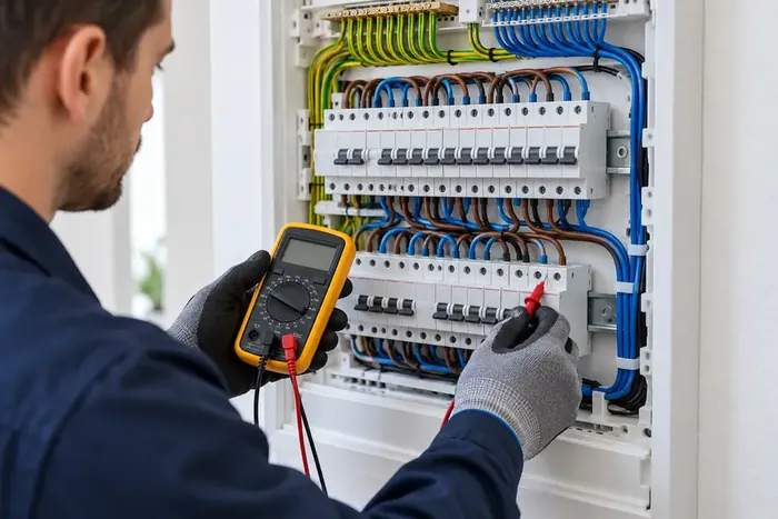 Inspeção de um quadro elétrico com identificação dos circuitos