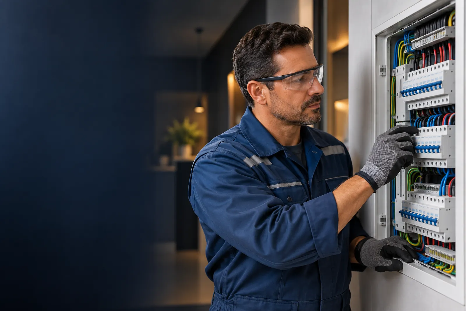 Profissional de uniforme trabalhando em painel de distribuição elétrica
