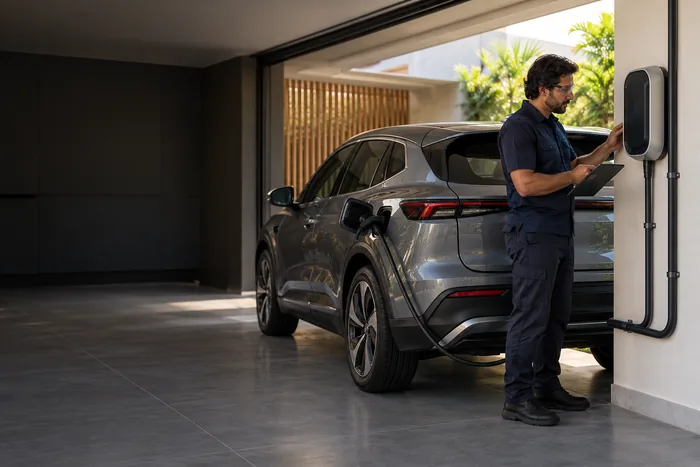 Profissional avaliando wallbox e infraestrutura de recarga em garagem