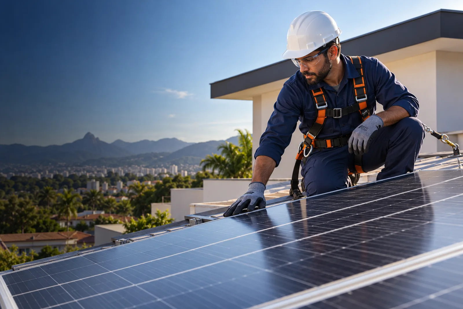 Profissional de uniforme e equipamentos de proteção avaliando painéis fotovoltaicos