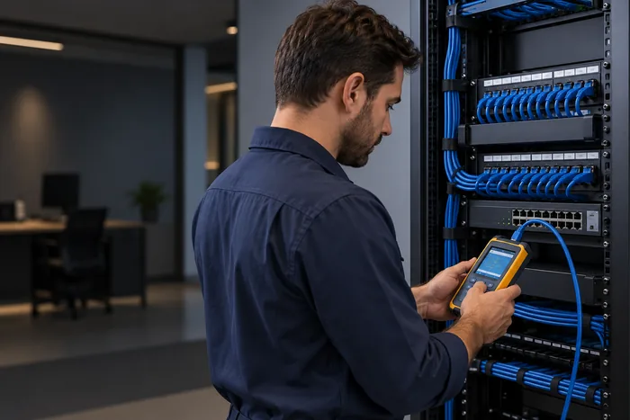 Profissional utilizando testador em rack de cabeamento de rede